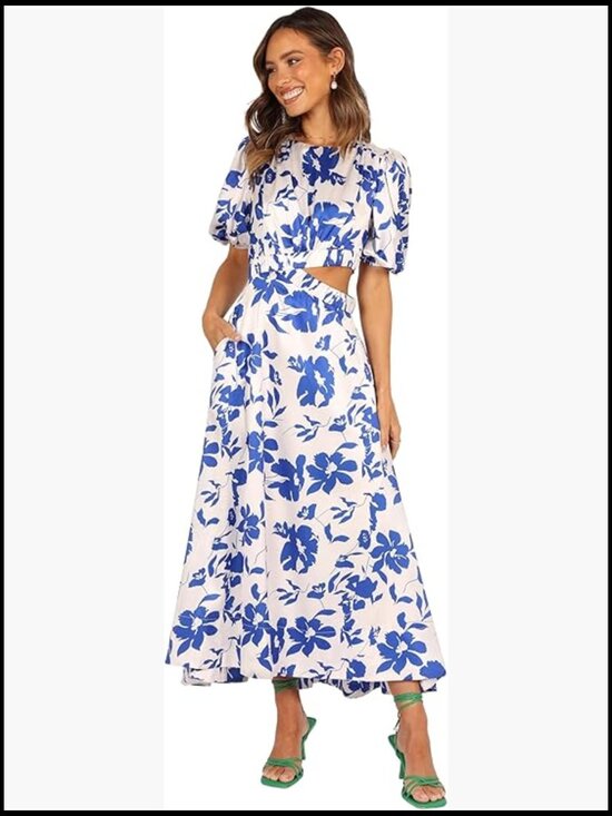Dresses & Skirts - Maxi Dress with Puff Sleeves, Elastic Waist, Side Cutouts, Pockets